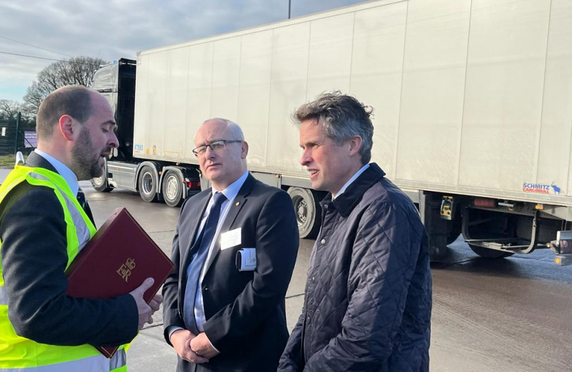 Sir Gavin Williamson is joined at The Hollies Truckstop by Parliamentary Under-Secretary of State for Roads and Transport, Richard Holden, and the Cabinet Member for Highways at Staffordshire County Council, David Williams. 