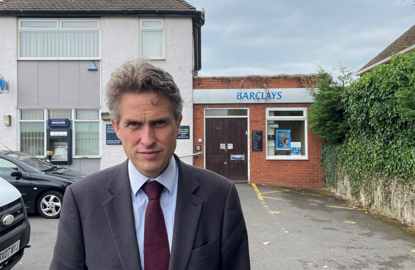 Sir Gavin Williamson MP in front of the Bilbrook Barclays Branch