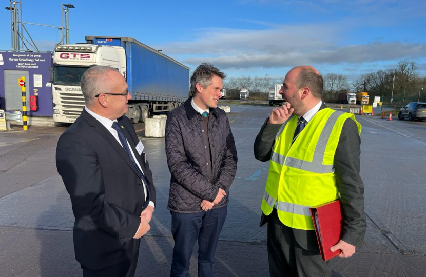 Sir Gavin Williamson is joined at The Hollies Truckstop by Parliamentary Under-Secretary of State for Roads and Transport, Richard Holden, and the Cabinet Member for Highways at Staffordshire County Council, David Williams. 