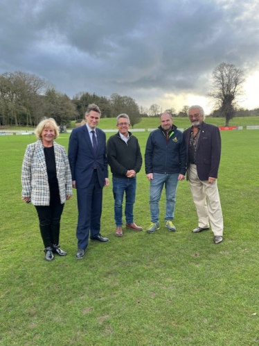 Sir Gavin Williamson is joined by Milford Cricket Club Chairman Dave Smith, Councillor Ann Edgeller, and Councillor Peter Edgeller