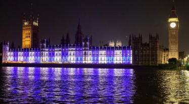 The Palace of Westminster lit up on Monday evening in the colours of the Israeli flag