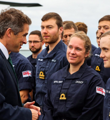 Sir Gavin Williamson is joined by service personnel of HMS Montrose during his time as Defence Secretary in 2018