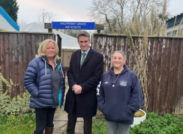 Sir Gavin Williamson is joined by Anne Slater, fundraiser for Halfpenny Green Air Scouts