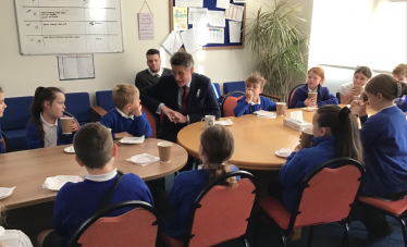 Sir Gavin Williamson is joined by members of the Landywood Primary School Council