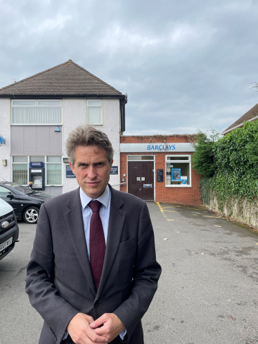 Sir Gavin Williamson MP in front of the Bilbrook Barclays Branch